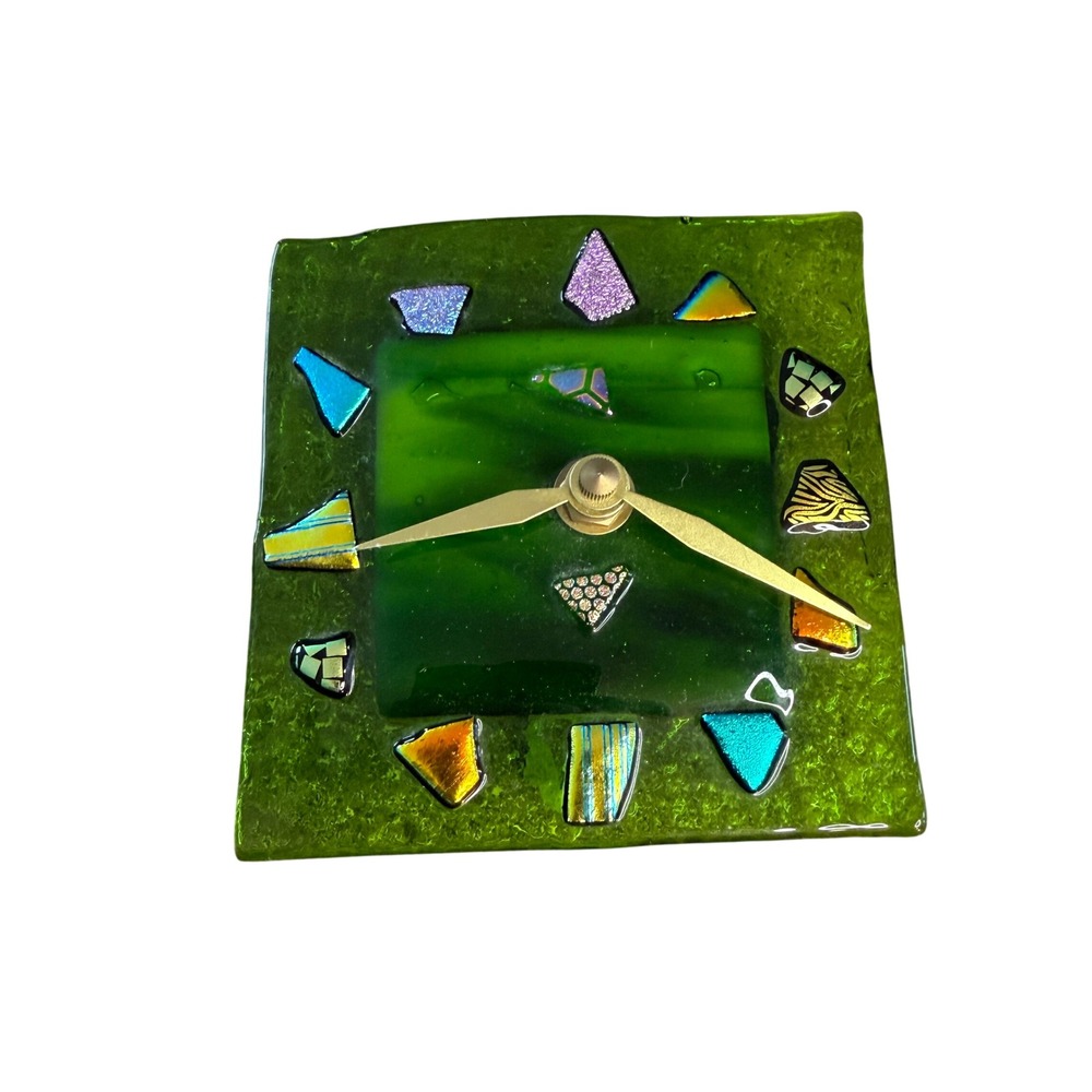Artisan Fused Glass Wall Clock Green Dichroic Multi-Color Square *does not work*